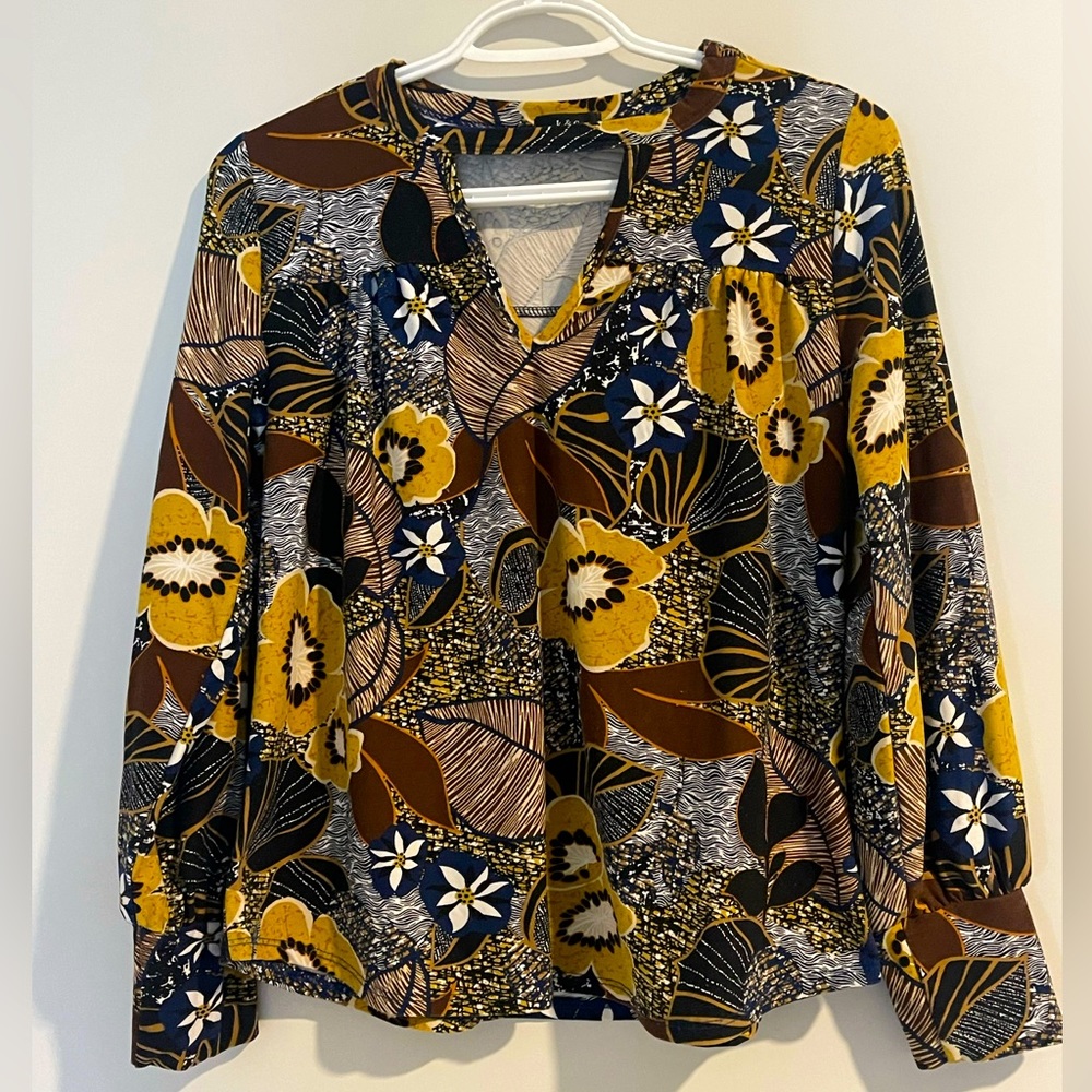 K&C Floral Keyhole Neck Long Sleeve Blouse - Mustard/Navy/Brown - Size Medium